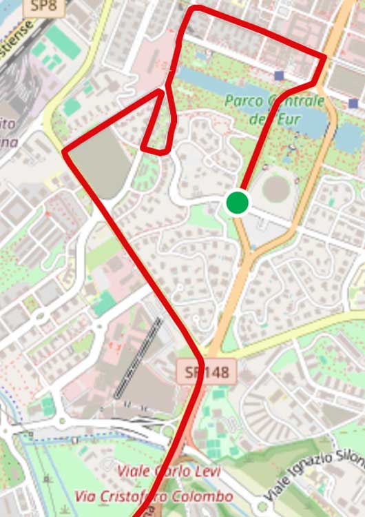 Mappa del percorso Maratona Roma Ostia 2024 nel tratto che interessa l'Eur