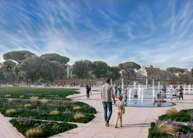 Il progetto di trasformazione del piazzale antistante la basilica di San Giovanni a Roma con aiuole e fontane a raso