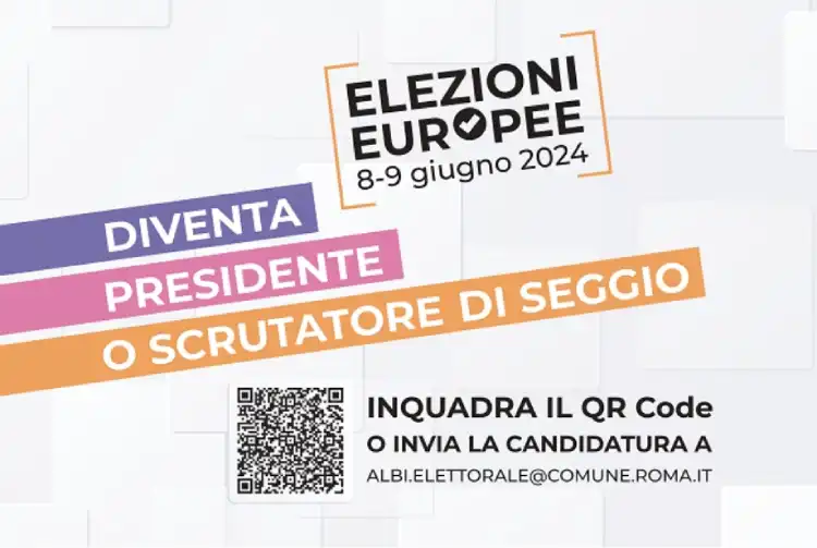 Locandina di invito del Comune di Roma a candidarsi come presidenti di seggio per le elezioni 2024, completa di QR code