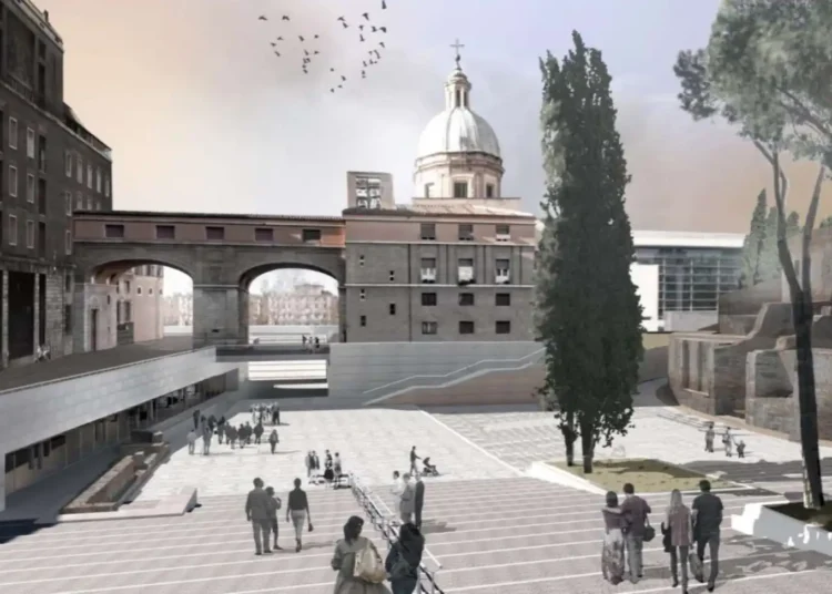 Come apparirà Piazza Augusto Imperatore al termine dei lavori di restyling, con le due gradonate verso via di Ripetta a ovest e verso l’abside della chiesa di S. Carlo al Corso a est
