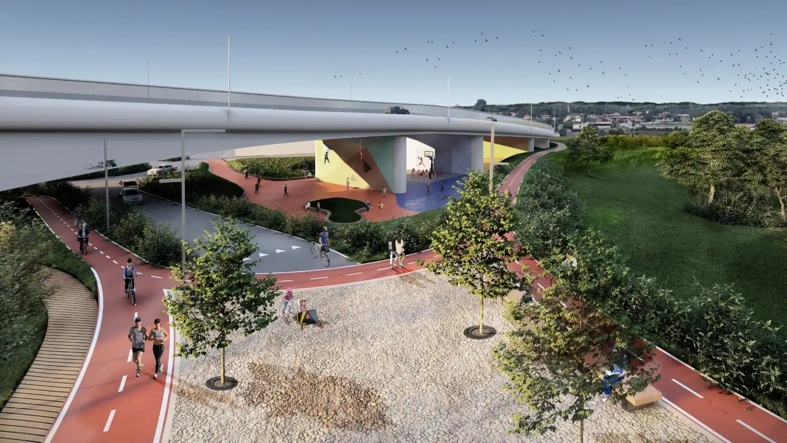 Rendering dei parchi d'affaccio lungo le sponde del Tevere nei pressi del nuovo ponte della Scafa: aree verdi, playground con campi da basket, palestre per arrampicata, piste ciclabili.