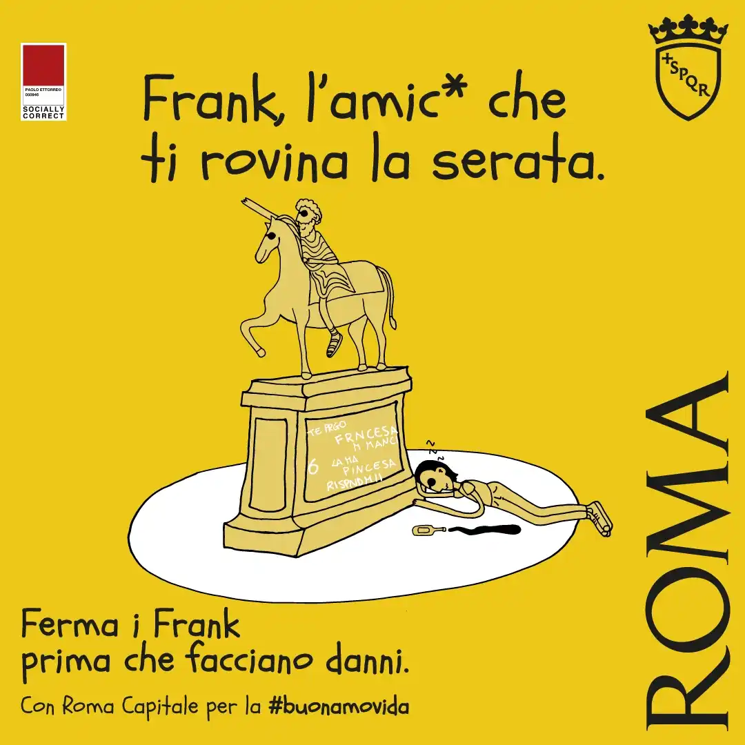 Una delle vignette della campagna #buonamovida di Roma Capitale con protagonista Frank, l'amico che ti rovina la serata