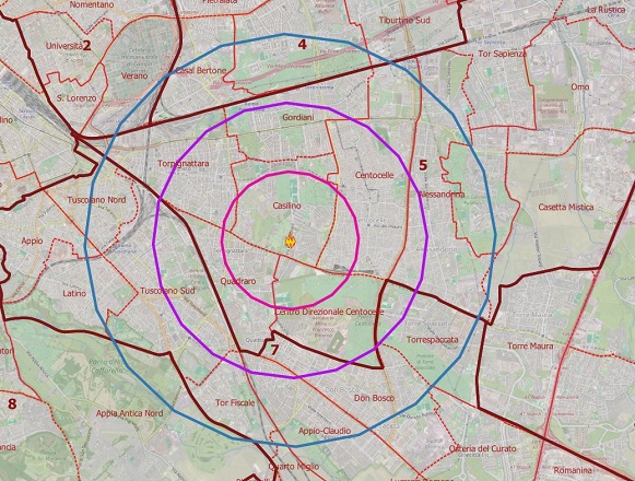 La mappa per individuare la distanza dal luogo dell’esplosione in Via dei Gordiani a Roma